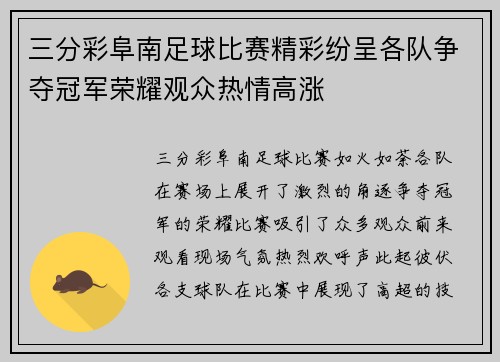 三分彩阜南足球比赛精彩纷呈各队争夺冠军荣耀观众热情高涨