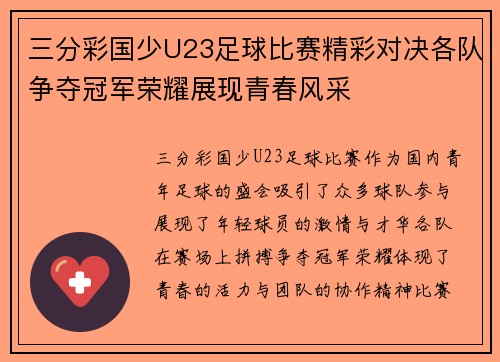 三分彩国少U23足球比赛精彩对决各队争夺冠军荣耀展现青春风采