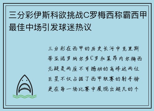 三分彩伊斯科欲挑战C罗梅西称霸西甲最佳中场引发球迷热议