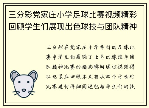 三分彩党家庄小学足球比赛视频精彩回顾学生们展现出色球技与团队精神