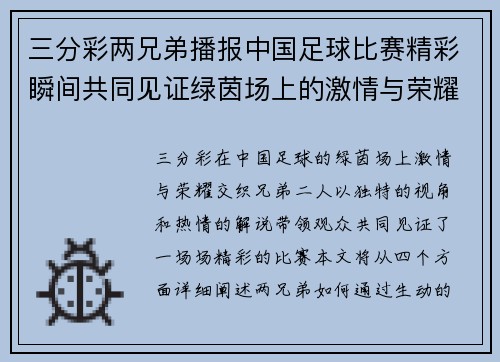 三分彩两兄弟播报中国足球比赛精彩瞬间共同见证绿茵场上的激情与荣耀