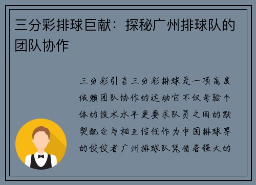 三分彩排球巨献：探秘广州排球队的团队协作