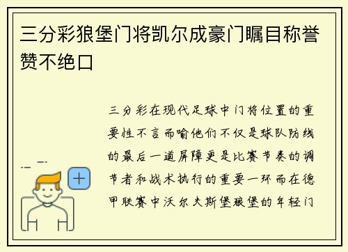 三分彩狼堡门将凯尔成豪门瞩目称誉赞不绝口