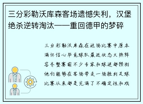三分彩勒沃库森客场遗憾失利，汉堡绝杀逆转淘汰——重回德甲的梦碎